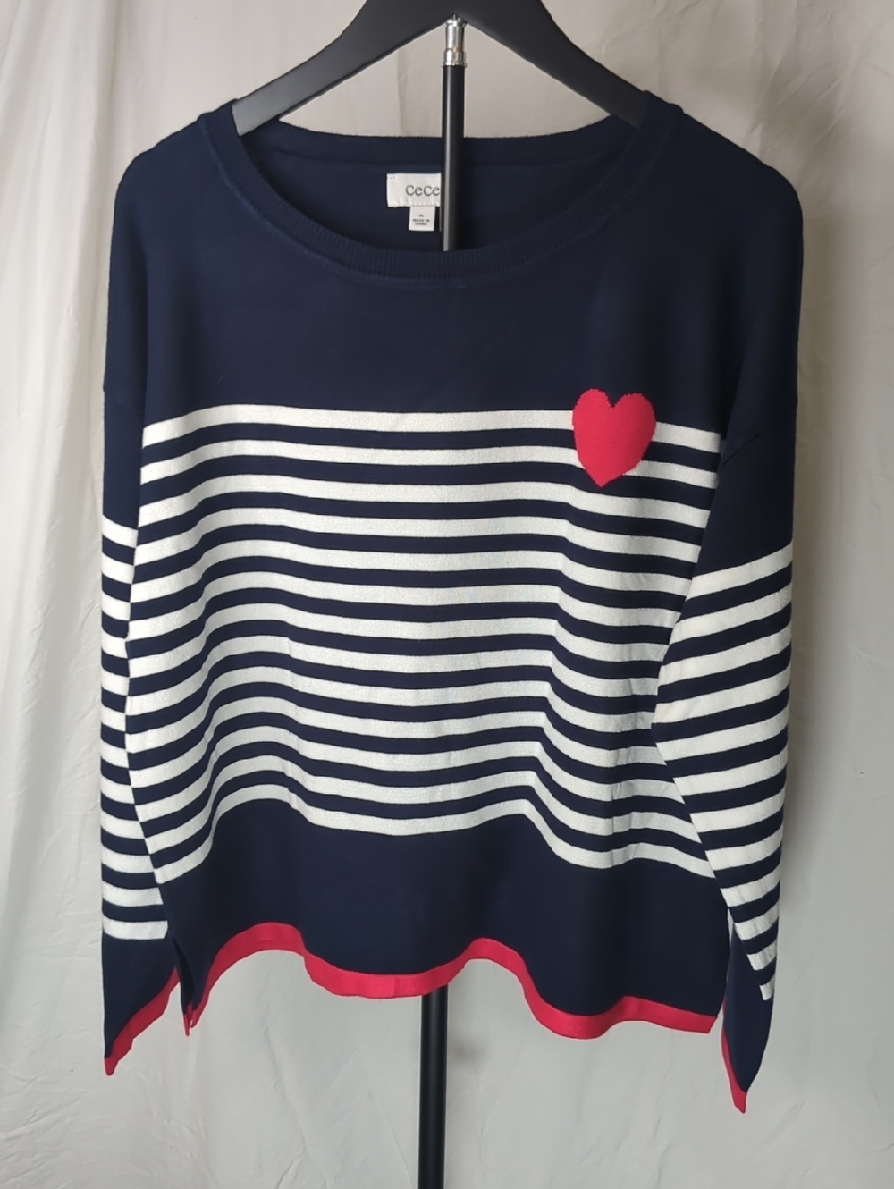 CeCe Navy and White Striped Sweater with Red Heart Accent ‎ XL New w Tags